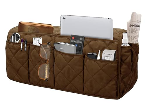 Armchair Caddy for Recliner Organizer Brown Coffee Sofa Armrest Organizer with 14 Pockets for Armchair Remote Control Holder Phones Ipads Keys Books Glasses Storage - color: Coffee