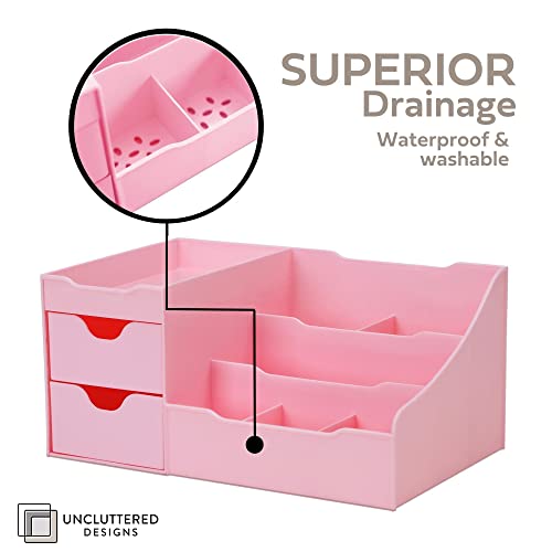 Uncluttered Designs Makeup Organizer With Drawers - Cute Kawaii Countertop Storage for Cosmetics, Pretty Vanity Holder for Perfume, Skincare, Brush, Lipstick, Nail Polish and other Accessories (Pink) - color: Pink
