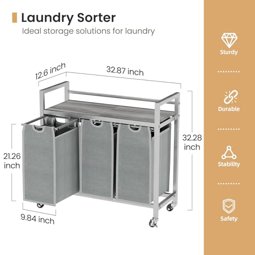 SwaaVee Laundry Hamper, Laundry Basket, Laundry Sorter with 3 Removable Bags, Clothes Basket with 3 Compartments, Wheels, Shelf for Laundry Room Bathroom Bedroom (3 Bags-Gray) - color: 3 Bags-Gray