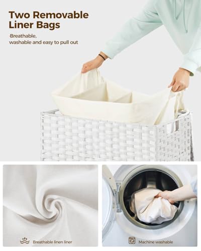 Greenstell Laundry Hamper with Wheels&Lid,130L Large 3 Sections Clothes Hamper with 2 Types Removable Liner Bags, 5 Mesh Laundry Bags, Handwoven Divided Laundry Basket White - color: White, size: 130L: 25.6x13.0x25.7 Inches