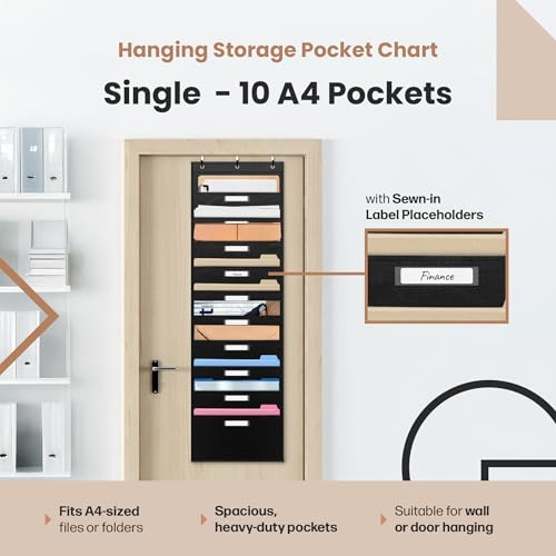Black Pocket Chart for Classroom - 10 Pocket Storage Rainbow Pocket Charts , 3 Over Door Hangers Included, Hanging Wall File Organizer for File Folders, School Mailbox, Home/Office Papers - color: Black - (10 Name Tag Pockets)
