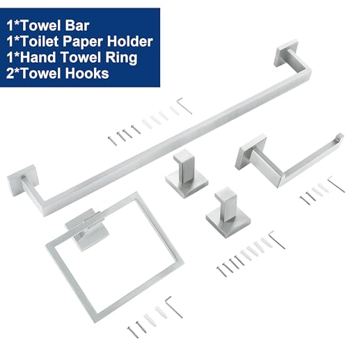 5 Piece Bathroom Hardware Accessories - Brushed Nickel, 24Inch Towel Racks, Stainless Steel Square Towel Bar Set, Wall Mounted - color: Brushed Nickel, size: 24" 5pcs