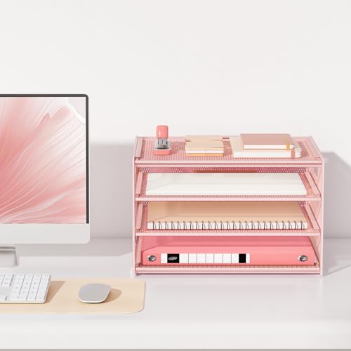 Lavatino 3-Tier Letter Tray Desk Organizer, Mesh Metal Paper File Tray Organizer for Desk, Office Supplies & Home Organization, Fits A4 Paper, Mail, Magazines & Office Accessories (Pink with Handle) - color: 4-tier With Handle - Pink