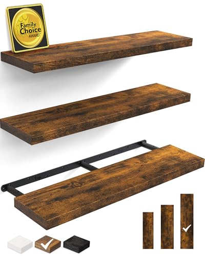 BAYKA Floating Shelves for Wall, Set of 3, 36 Inches Wall Mounted Wood Shelves for Bathroom, Bedroom, Living Room or Kitchen, Hanging Shelf for Books/Storage/Decor with 30lbs Capacity, Rustic Brown - color: B. Rustic Brown - Americana Farmhouse Style, siz