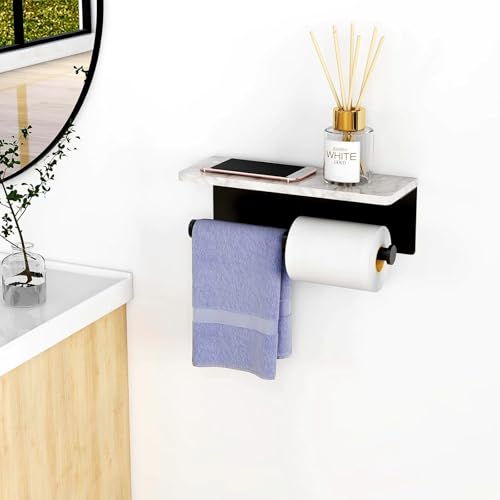 Toilet Paper Holder with Natural Marble Shelf for Bathroom Washroom,Wall Mounted Tissue Holder Suitable for Mega Roll (Matte Black, Large 11.8 * 4.7) - color: Matte Black, size: Large 11.8 * 4.7 in