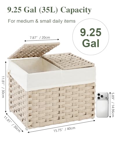 SETVSON Storage Basket with Lid Woven Wicker Baskets with 2 Separate Lid, 9.2 Gallon (35 L) Wicker Storage Bins with Handles, Foldable and 2 Removable Liner Bags for Bedroom, Laundry Room Light Khaki - color: Light Khaki, size: 35L-15.7L*11.8W*11.8H