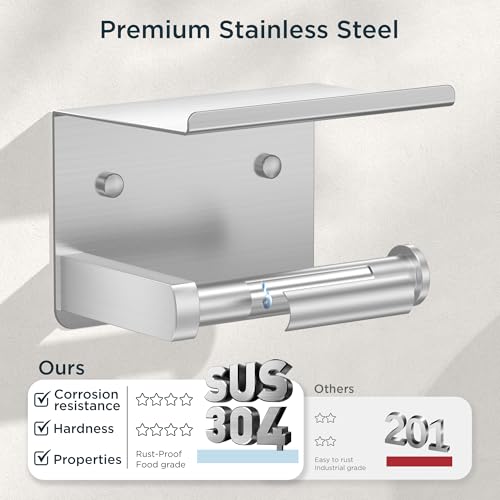 FORIOUS Toilet Paper Holder with Shelf, Adhesive or Screw Wall Mount Toilet Roll Holder for Bathroom, Rustproof 304 Stainless Steel Commercial Toilet Tissue Holder with Storage, Brushed Nickel - color: Stainless Steel