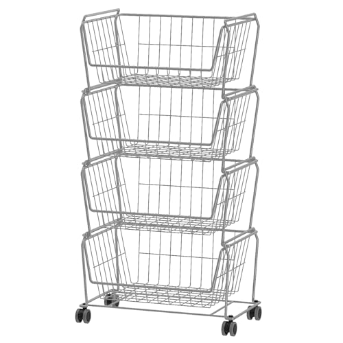 PUSDON 4-Tier Spacious Stackable Wire Storage Baskets with Wheels, Metal Rolling Utility Cart Organizer, Fruit and Vegetable Produce Basket for Kitchen Pantry, Everyday Bathroom Shelf, Silver Grey - color: Silver Grey, size: 4 Tier Standard