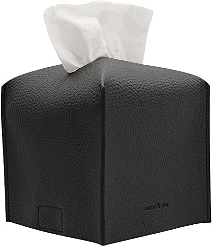 Tissue Box Cover Holder, Square with Bottom Belt by Carrot's Den - PU Leather Decorative Organizer for Tabletop, Bathroom, Car, Office | Black - color: Black
