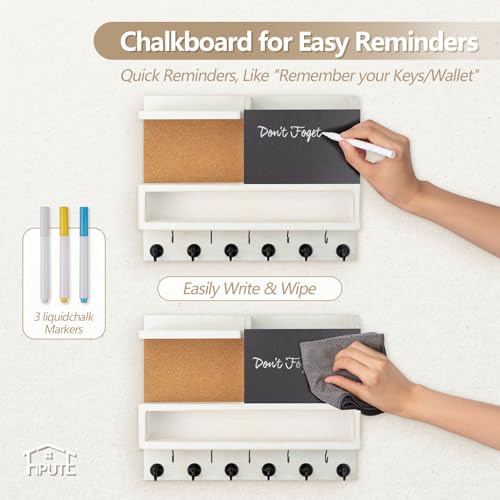 Key Holder for Wall Mount with Mail Organizer, Farmhouse Key Holder for Wall with Shelf, Chalkboard&Corkboard, Entryway Organizer 11 Metal Hooks, Decorative Natural Pine Wood, 14.6*11.1*3.3”, A-White - color: White-a