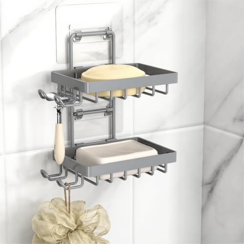 Moforoco Grey Double Soap Bar Holder for Shower, No Drilling, 304 Rustproof Stainless Steel, Wall Mounted Soap Holder with 4 Hooks and Razor Holder, Shower Rack Soap Tray Bar Soap for Bathroom - color: Grey, size: 2-T