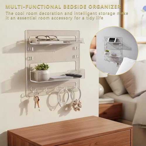 Bedside Shelf with Nanotape, No Drill Wall Mounted Organizer for Phone & Remote, Floating Charging Shelf for Dorm, Apartment, RV, Small Space Bedroom Decor for College Girl,Clear