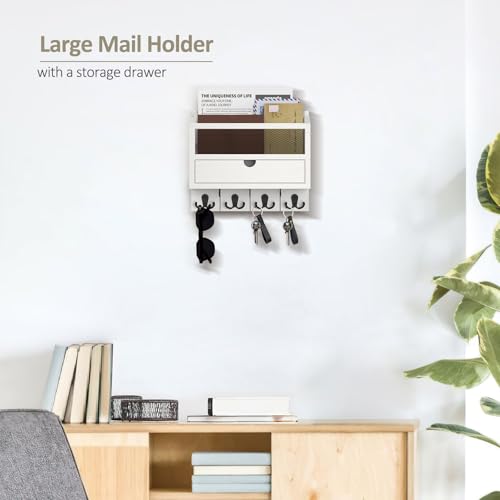 Nekon Mail Organizer with Drawer for Wall, 12"W x 10"H x 3.1"D Mail Sorter Wall Mounted, Wooden Key Holder Wall File Organizer Letter Sorter for Letter Magazines (White) - color: White