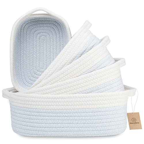 NaturalCozy 5-Piece Rectangle Storage Basket Set- Natural Cotton Rope Woven Baskets for Organizing! Small Basket for Montessori, Baby Nursery, Dog Toy Baskets, Cat Toy Box, Bathroom Organization Bin - color: Off White & Mixed Blue