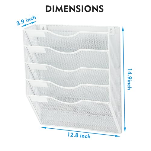 EASEPRES Magnetic 5 Pocket Mesh Hanging File Organizer, Wall Mounted Mail Paper Document Folder Holder, Clipboard Storage Organization Magazine Rack with Nametag Label for Office Home School, White - color: White, size: 5 Tier Magnetic