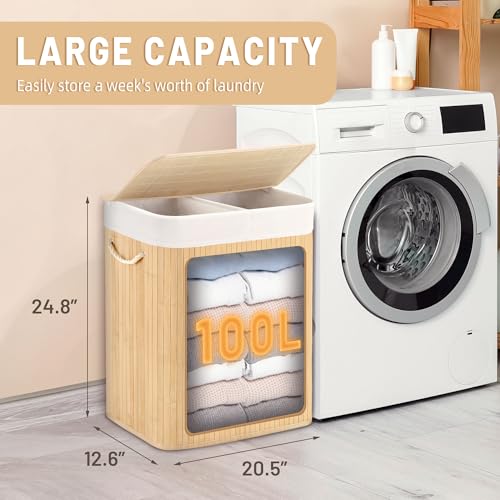 Aliphon 100L Laundry Hamper with lid, 2-Section Clothes Laundry Basket with Handles, Large Collapsible Bamboo Baskets for Bedroom, Bathroom, Dorm, Natural Beige - color: Natural Beige, size: 100L
