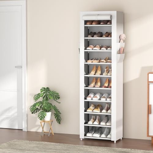 VTRIN Vertical Narrow Shoe Rack Organizer Tall Shoe Rack for Closet Entryway 10 Tier Non-Woven Cover Shoe Shelf Holds 20-22 Pairs Free Standing Shoe Storage Cabinet with Dustproof Cover, White - color: White, size: 17.7"W x11.8"D x 68.9"H