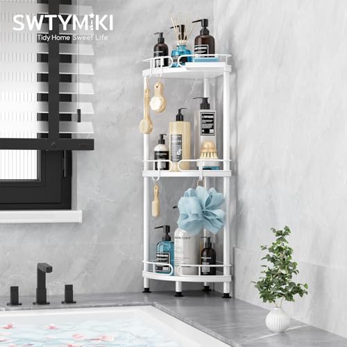 SWTYMIKI Corner Shower Caddy Standing - 3 Tier Stainless Steel Shower Organizer Stand with 4 Hooks & Soap Holder, Rustproof Metal Standing Tall Floor Shower Shelf and Bathroom Organizer, White - color: White-3 tier