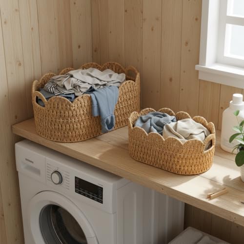 Coeusy Paper Rope Scalloped Basket Set of 2,Woven Storage Baskets for Shelves,Laundry,Towels,Clothes,Books,Toys,Cute Decor Baskets for Organizing,Natural Color - color: Natural