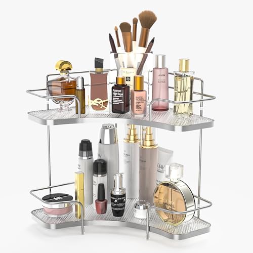 FOLLOWIN 2 Tier Bathroom Countertop Corner Organizer,Countertop Perfume Tray,Vanity Counter Shelf,Skincare Makeup Cosmetic Vanity Organizers,Silver - color: Silver