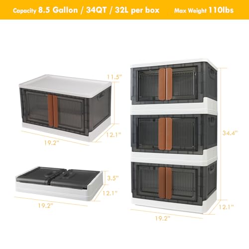 AJP Distributors 3 Pack of 8.5 GAL Stackable Storage Bins with Lids, Plastic Collapsible Totes, Folding Box Storage Containers, Stacking Wardrobe Closet Organizer For Home Office Clothing Books