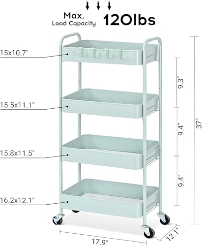 TOOLF 4-Tier Rolling Cart - Metal Storage Organizer with Lockable Wheels, 44 lbs Per Shelf Capacity, Tool-Free Assembly, for Kitchen Bathroom Office Laundry Room Nursery, Green - color: Green, size: 4-Tier