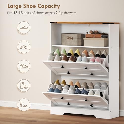 HOMCOM Shoe Cabinet with 2 Flip Drawers, Narrow Shoe Storage Cabinet with Adjustable Shelves and Open Shelf, Farmhouse Storage Organizer for Entryway, Hallway, Holds 12-16 Pairs, White - color: White