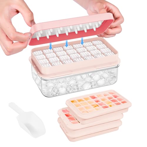 PHINOX Ice Cube Tray with Lid and Bin, 3 Pack Plastic Ice Cube Tray Molds, 84 pcs Ice Trays for freezer, Chilling Drinks, Whiskey & Cocktails, with Ice Container and Ice Scoop, BPA-Free - color: Pink, size: 0.8"-3tier