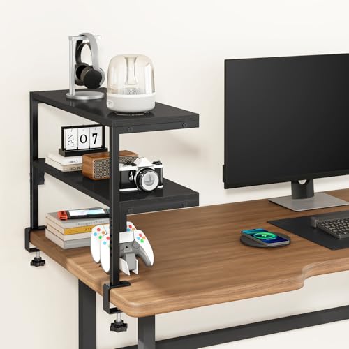 IBUYKE Clamp on Desk Shelf, 22.8” Large Desk Extender Shelves,Tool-Free Flexible Repositioning and Adjustable 2-Tier Storage Shelves for Desktop Accessories Below Desk TMZ010B - color: Black