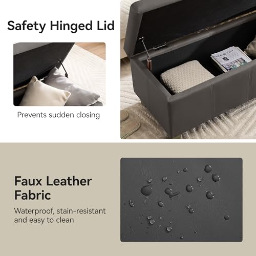 WUTUTUEE 41" Faux Leather Storage Ottoman, Stitch Tufted Rectangle Upholstered End of Bed Storage Bench, Entryway Large Couch Ottoman with Wooden Legs,Dark Grey - color: Dark Grey, size: 41 Inch