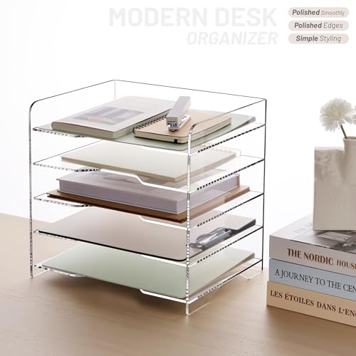 SANRUI Acrylic Desk File Organizer 5 Tier Letter Tray Paper Organizer with Handle for Office, Home, Classroom Clear Desk Organizer Document Holder - style: Enlarged File Tray 5 Tier