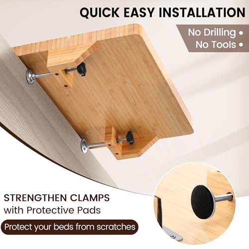 Bedside Shelf for Dorm Bed & Top Bunk, Bamboo Bed Side Table Tray with Cup Phone Holder & Hooks, Bedside Caddy, Clip on Nightstand Bedside Storage College Dorm Room Essentials (Bamboo) - color: Bamboo