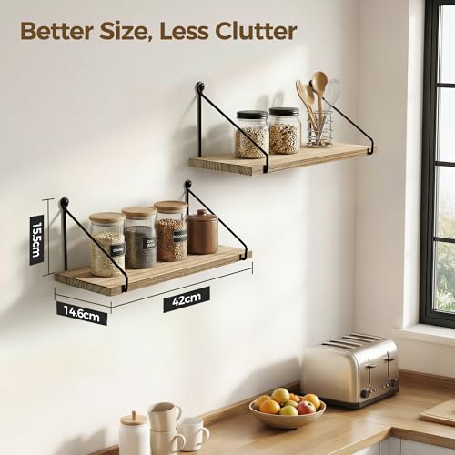 Afuly Floating Wall Shelves Rustic Wall Mounted Hanging Shelf Farmhouse Wall Bookshelf for Bathroom Kitchen Dining Living Room Wood Metal Organizers, Set of 2 - color: Brown & Black, size: 5.7"D x 16.5"W