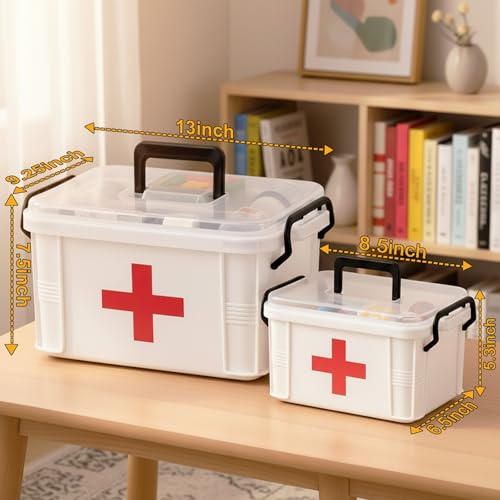 2 Pack Clear Medicine Organizer Box with Handle, Plastic Medicine Container with Tray First Aid Box Empty, Thickened Medicine Storage Organizer Multipurpose Medication Organizer Storage, White - color: White-2Pack