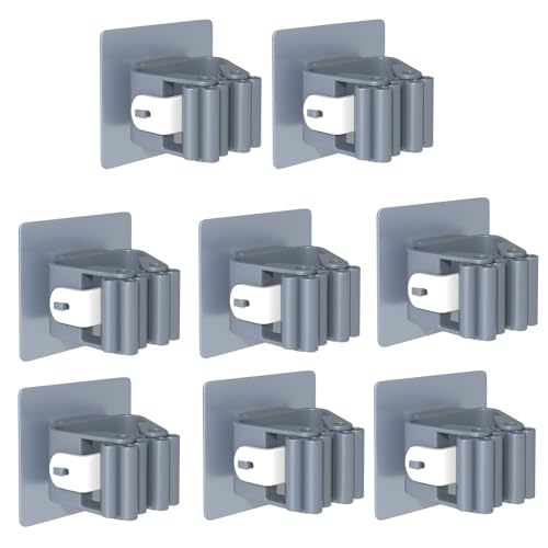 3-H 8-Pack Self Adhesive Broom Holder Wall Mount - Heavy Duty No Drill Broom Organizer for Garage Closet Kitchen, Plastic Storage Rack for Brooms Mops Tools, Peel and Stick Adhesive - color: Grey, size: 8