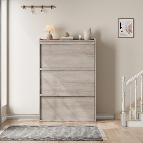 GarveeHome Shoe Cabinet with 3 Flip Drawers, Wooden Shoe Organizer Cabinet with Adjustable Shelf, Shoe Storage for Entryway, Hidden Shoe Cabinet for Hallway, Living Room, Grey - color: Grey, size: 3-Drawers