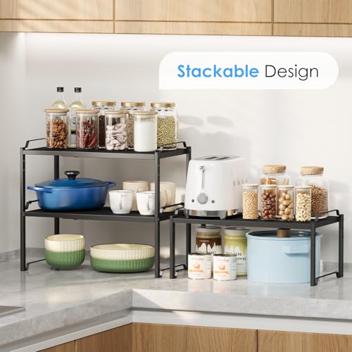2 Pack 11” Width Expandable Kitchen Cabinet Organizer Shelves, Metal Kitchen Countertop Organizers and Storage Shelving, Heavy Duty Stackable Storage Rack Shelf For Pantry Cupboard Counter Tabletop - color: Black