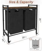 12 x 2 Gal Large Laundry Hamper with Wheels, 2 Pull-Out & Removable Sorter Bags, Freestanding Clothes Basket Organizer for Clothing or Toys in Bathroom and Living Room, Rustic Brown and Black - size: 2 Section with wheels