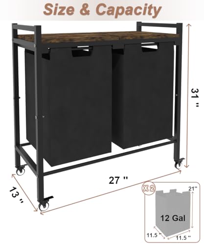 12 x 2 Gal Large Laundry Hamper with Wheels, 2 Pull-Out & Removable Sorter Bags, Freestanding Clothes Basket Organizer for Clothing or Toys in Bathroom and Living Room, Rustic Brown and Black - size: 2 Section with wheels