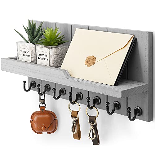 Rebee Vision Decorative Key and Mail Holder for Wall - Farmhouse 15 Inches Floating Shelf with 7 Sturdy Key Hooks for Home Entryway Wall Decor - Rustic Key Racks (Gray,15-inch) - color: Gray, size: 15-inch