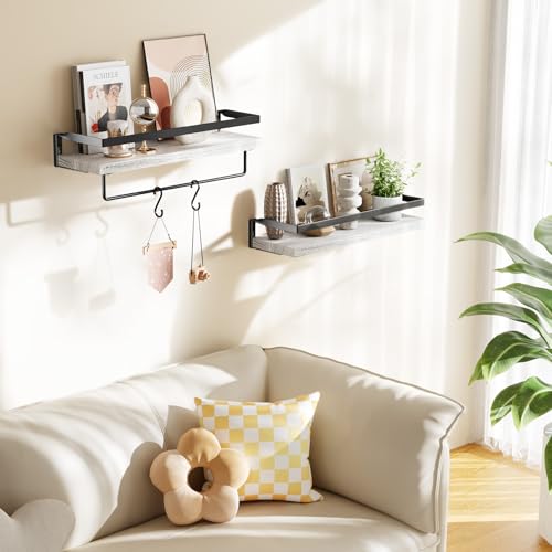 AMADA HOMEFURNISHING Bathroom Shelves with Towel Bar, Floating Shelves, Wall Shelves for Bathroom/Living Room/Kitchen/Bedroom, White, Set of 2 - AMFS01W - color: White