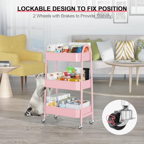 EAGMAK 3 Tier Utility Rolling Cart, Metal Storage Cart with Handle and Lockable Wheels, Multifunctional Storage Organizer Trolley with Mesh Baskets for Kitchen, Living Room, Office, Garage (Pink) - color: Pink, size: Normal
