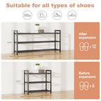LANTEFUL Adjustable 18"-33" Expandable Shoe Rack for Closet 12 Pairs Small Spaces 3 Tier Shoe Organizer with 5 Hooks Metal Shoe Shelf for Entryway, Bedroom