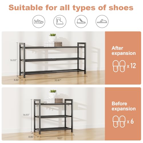 LANTEFUL Adjustable 18"-33" Expandable Shoe Rack for Closet 12 Pairs Small Spaces 3 Tier Shoe Organizer with 5 Hooks Metal Shoe Shelf for Entryway, Bedroom