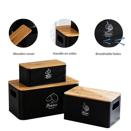 Potato Onion and Garlic Storage Bin Set of 3, Black Metal Kitchen Vegetable Canisters with Bamboo Lid and Aerating Holes, Stackable Kitchen Storage Tin for Countertop Pantry - color: B - Black Vegetable Canisters