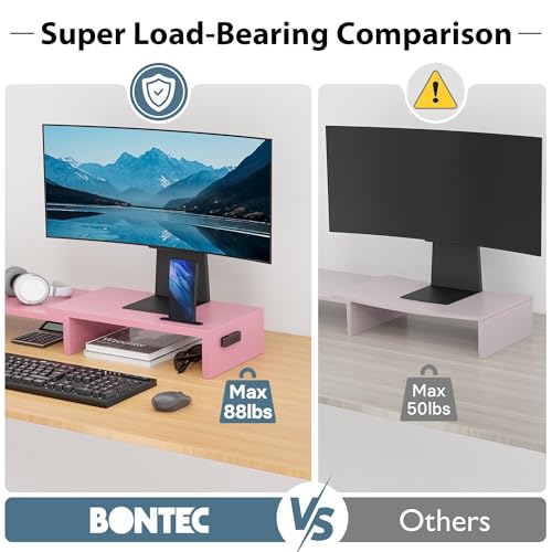 BONTEC Dual Monitor Stand Riser with Smartphone Holder, Adjustable Length & Swivel Angle, Ergonomic Wooden Desktop Organizer for PC Monitor, Laptop, Printer, Large Storage, Pink - color: Pink