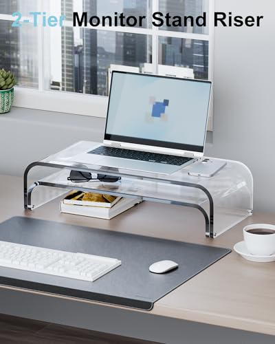 Acrylic Dual Monitor Stand Riser 2 Tier, Modular Laptop Stand for Desk, Multifunctional Desktop Organizer Shelf for PC, iMac, Printer, Detachable Monitor Stand for Office or Home, Clear - color: Clear