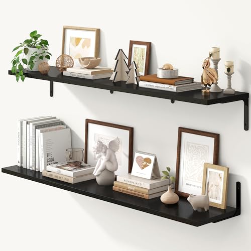Fun Memories Deep Floating Shelves, 48W x 8D Floating Shelves Set of 2, Wall Mounted Shelf with Metal Brackets, Rustic Wood Wall Shelf for Bathroom, Kitchen and Living Room, Black - color: Black- L Bracket, size: 48"W x 8"D