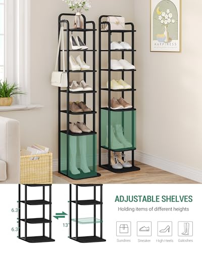 Hzuaneri 8 Tiers Vertical Shoe Rack, Narrow Shoe Tower, Tall Shoes Shelf with 2 Hooks, Adjustable Shelves, Corner Shoes Shelves for Small Spaces, Entryway, Living Room, Black SR04304B - color: Black, size: 8 Tier(11.8"D x 10.4"W x 53.2"H)