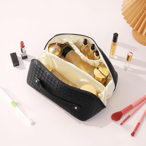 Women's Travel PU Leather Cosmetic Organizer - Large Capacity Toiletry Storage Solution - color: black